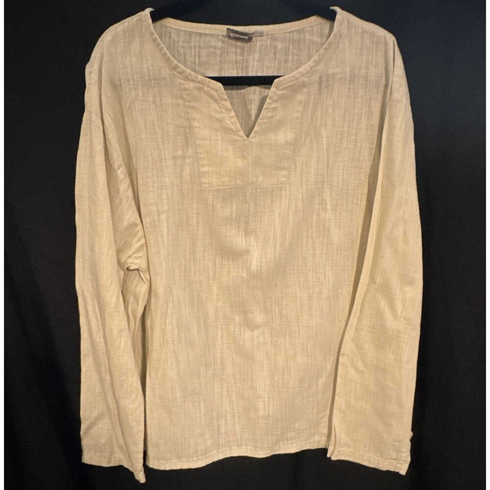 Island Importer Beige Solid Split Neck Long Sleeve Pullover Top Women's L